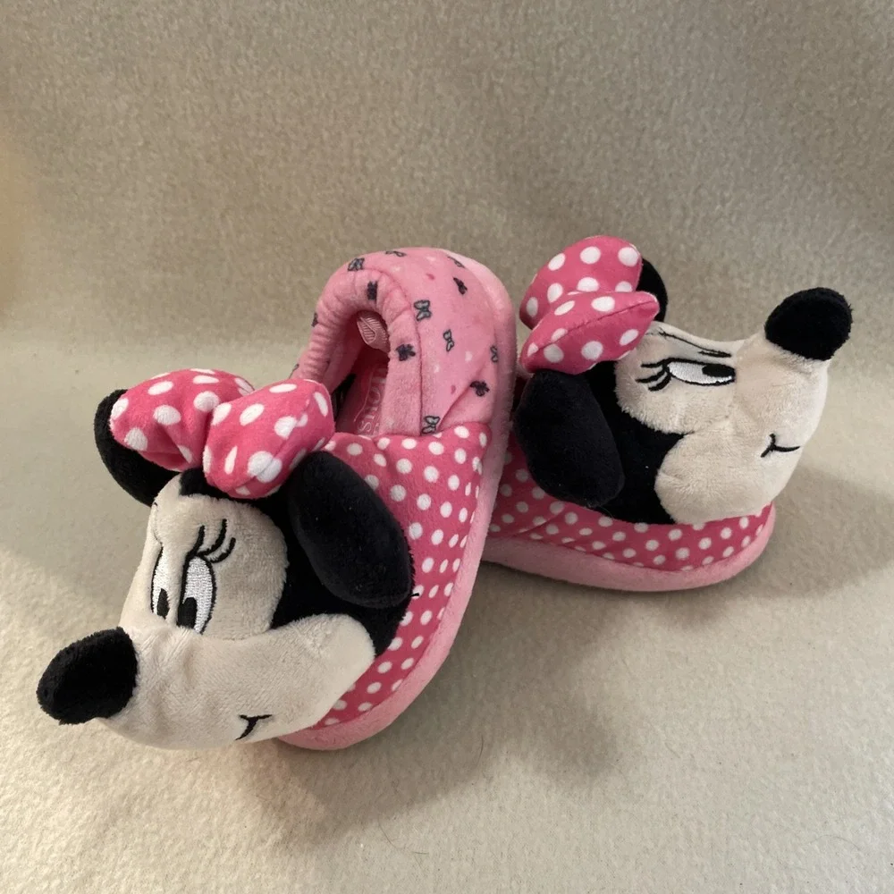 Disney Minnie Mouse Pink And Black Girls Toddler House Slippers Size 7-8